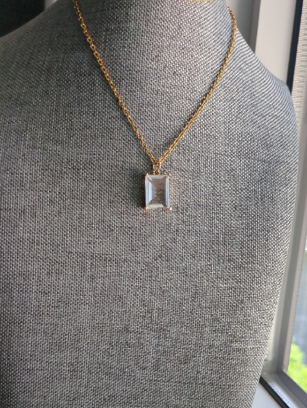 Gold Plated Chain Necklace with Clear Rectangular Gem - Women's Jewelry